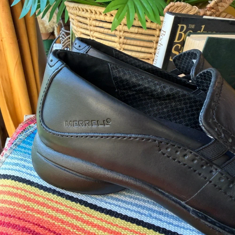 Merrell Tetra Wave Black Leather Slip On Loafers Womens 7.5 J40054 Brogue Shoes